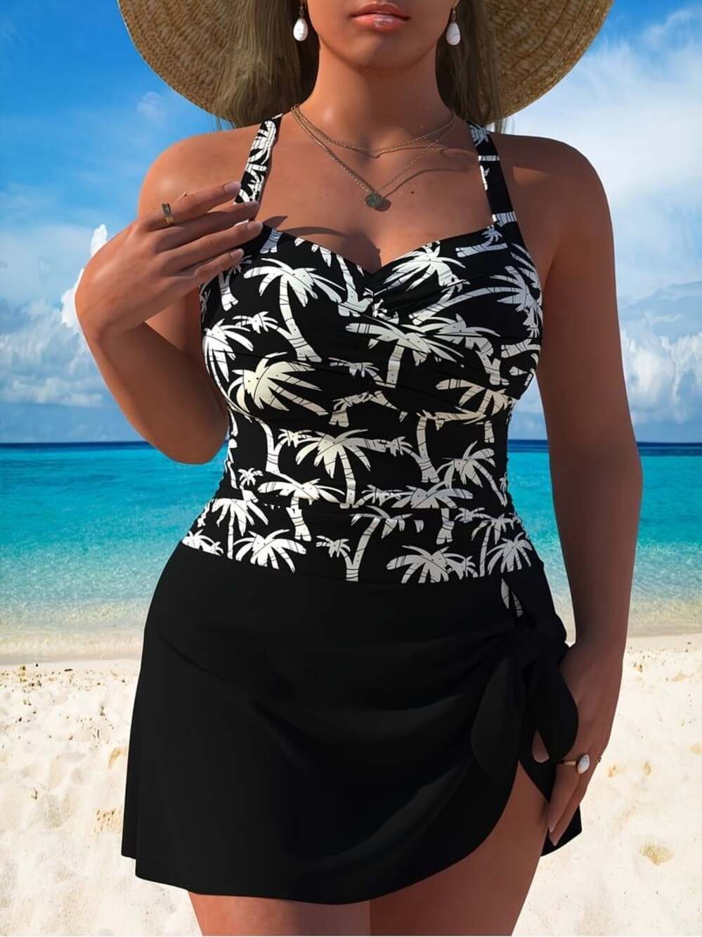 Plus Size 4XL 24 Palm Tree Print TwoPiece Swim Dress Swimsuit own piece